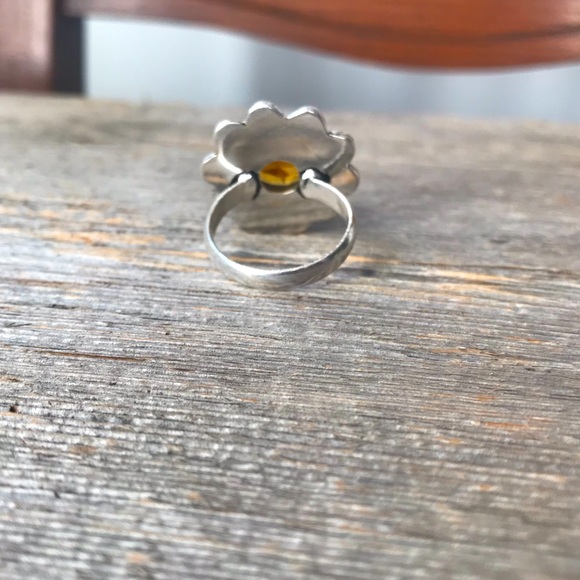 Sterling silver plated golden yellow quartz cocktail ring oval scrollwork boho - Picture 7 of 9